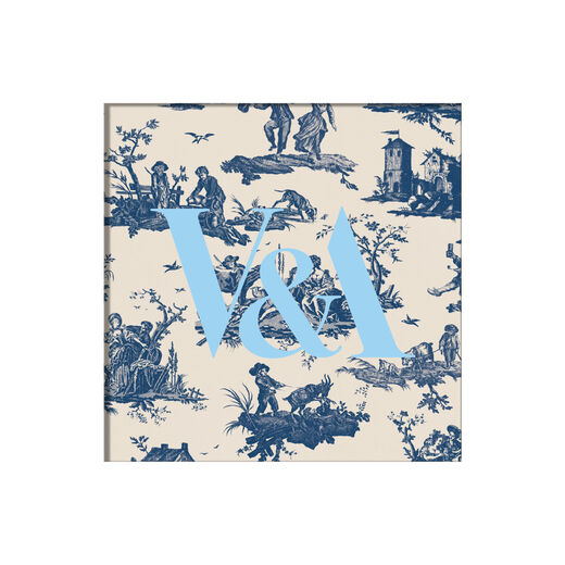 A blue and white square fridge magnet featuring a traditional 18th century French furnishing fabric and the V&A logo.